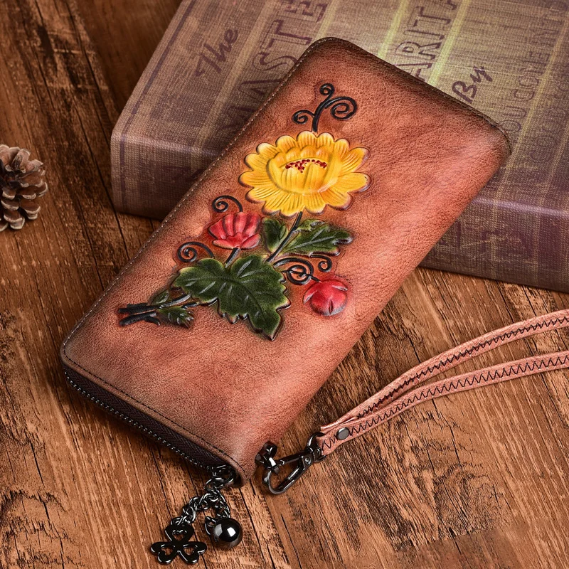 

Women Wallet Retro Genuine Leather Wallet New Handmade Embossing Purse Luxury Cowhide Card Holder Clutch For Female 2023