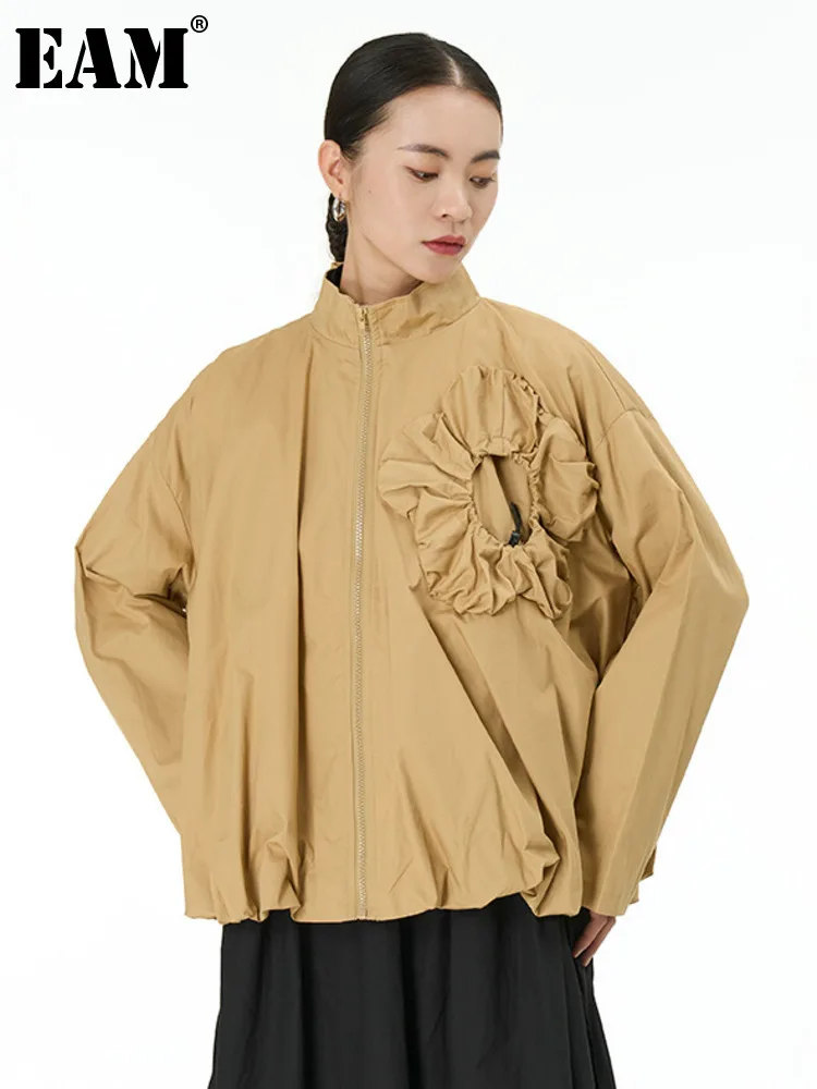 

[EAM] Loose Fit Yellow Flower Big Size Jacket New Stand Collar Long Sleeve Women Coat Fashion Tide Spring Autumn 2023 1DH1919
