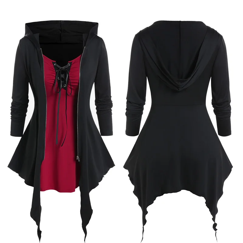 

ROSEGAL M-4XL Lace Up Full Zipper Hooded Asymmetric Tees Gothic Women's Long Sleeves 2 In 1 Hoods Blouses Colorblock Twofer Top