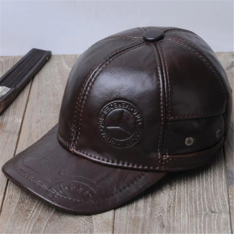 

Men Autumn 100% Cowhide caps male winter thick 100% Genuine Leather hats man Protection ear cap