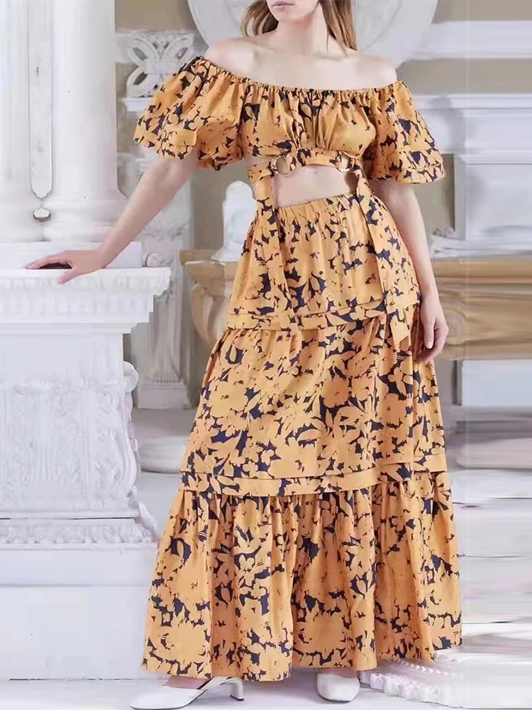 

Fashion Runway 2022 Summer Skirt Suit Women Short Top+Elastic Waist Floral Frock Long Skirt Holiday