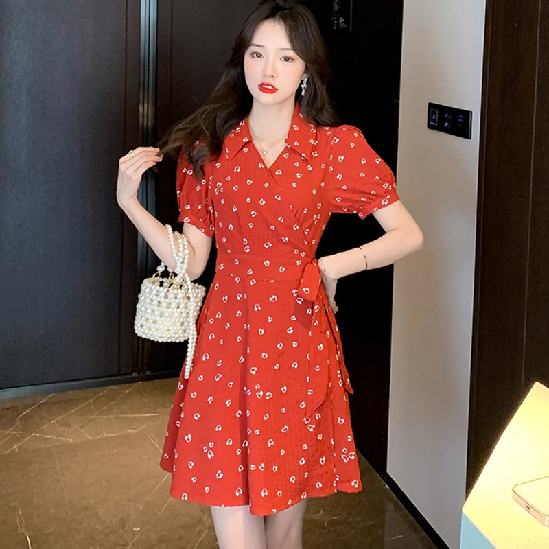 

2022 Korean Casaul Party Prom Dress Women Red Floral Polo Collar Sexy Mini Dress Summer Elegant Bodycon Office Lady Shirt Dress