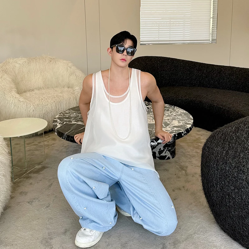 Мужские летние двухслойные атласные сетчатые комплекты из 2 предметов футболка