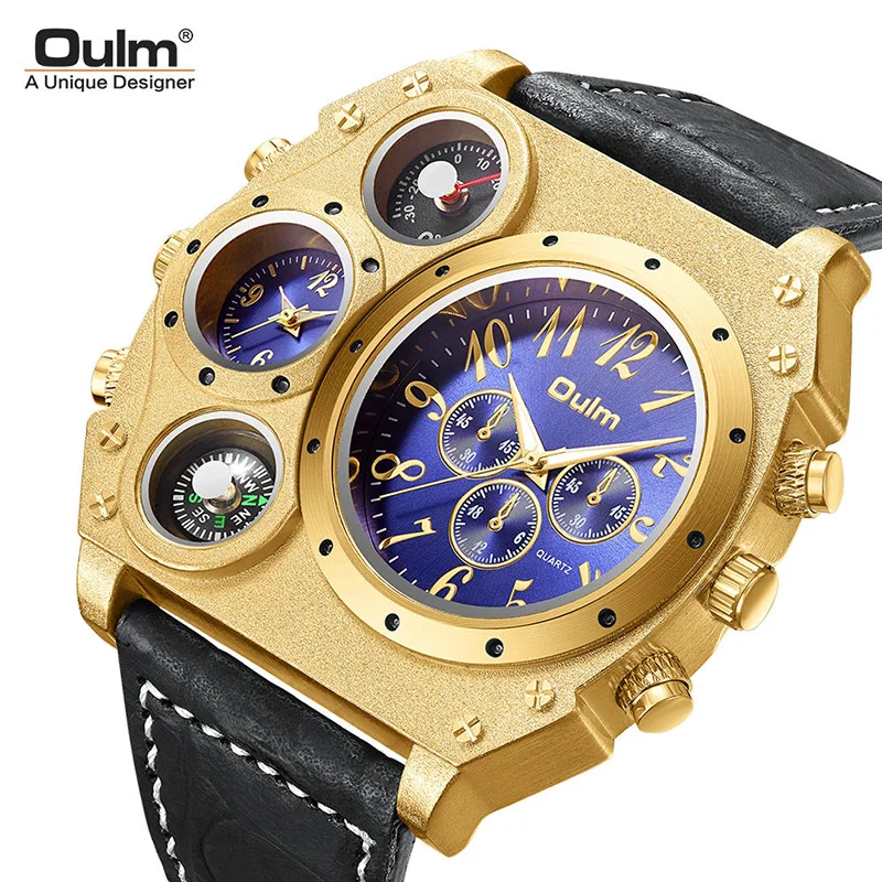 

Oulm New 1349 Big Szie Luxury Brand Watch Man Two Time Zone Wristwatch Male Quartz Clock Men's Sport Leather Strap Watches