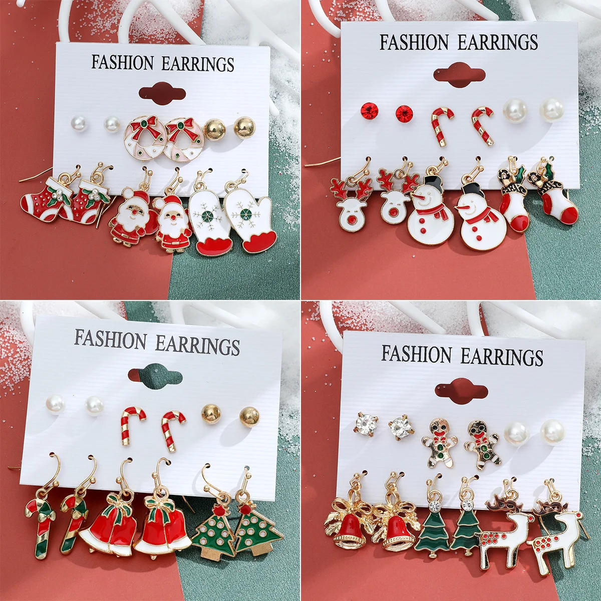 

6pairs Christams Earring Set Xmas Tree Brown Elk Snowman Santa Claus Bell Dangle Earrings For Women Girls Christmas Gift