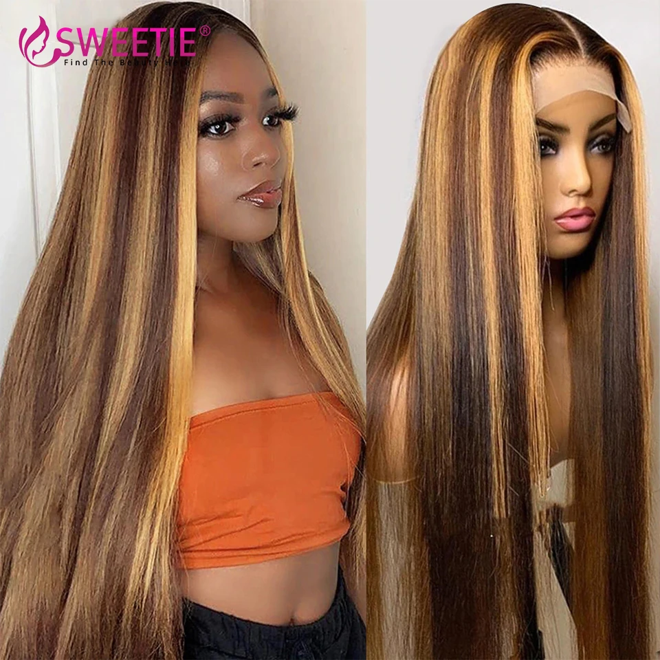 13x4 Straight Lace Front Human Hair Wig Brazilian Colored Blonde Brown Ombre Straight Transparent Lace Frontal Wigs For Women