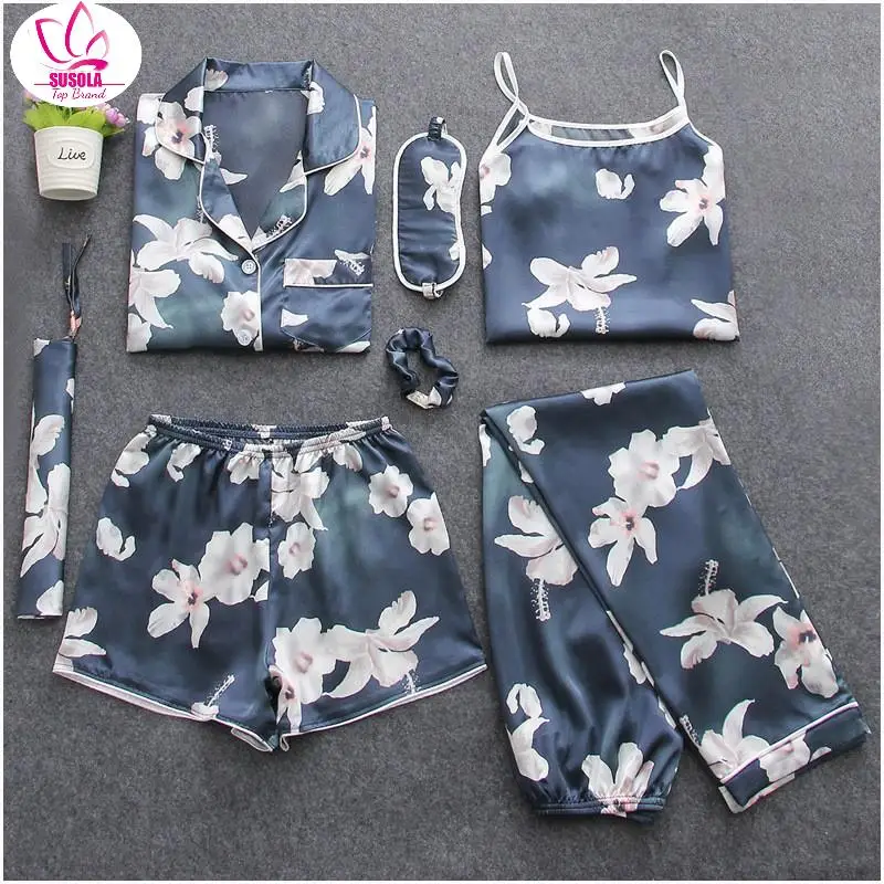 

Женский Шелковый атласный комплект SUSOLA из 7 предметов, одежда для сна, Пижама, Пижамный костюм, женский комплект для сна из двух предметов, домашняя одежда