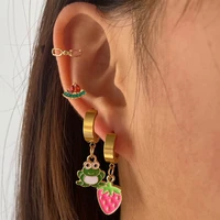 just feel fashion cute frog fruit stainless steel hoop earrings set for women golden metal circle earrings ear cuffs new jewelry