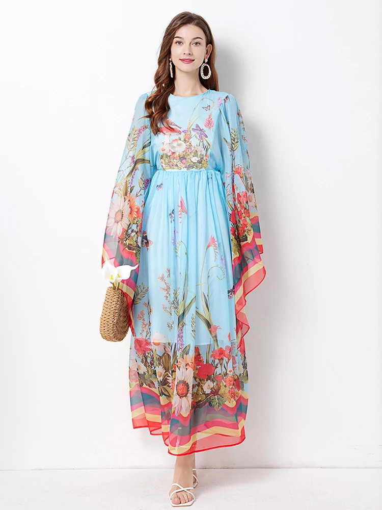 

Женское шифоновое платье-макси с цветочным принтом, длинное модельное платье с круглым вырезом и расклешенными рукавами, праздничное богемное платье в стиле бохо с цветочным принтом, T560