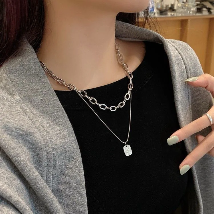 

Double Layer Chain Necklace Pendant Geometric Jewelry Metal Sweater Choker Accessories Punk Gold Silver Color Wholesale
