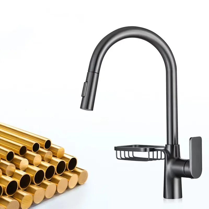 Матовый черный/хромированный кухонный смеситель выдвижной с вращением на 360°