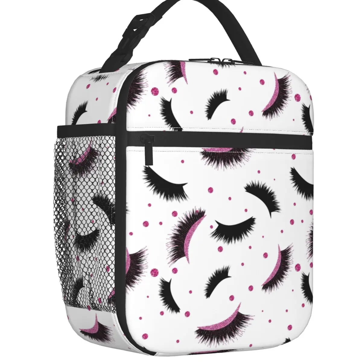Eyelash Eye Portable Lunch Box Pink Lashes Seamless Pattern With Glitter Thermal Cooler Food Insulated Lunch Bag School Children