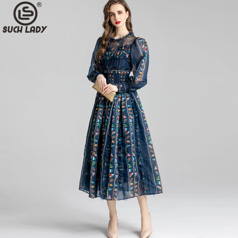 Women's Dress O Neck Long Sleeves Printed Sexy Tulle Laid Over Elegant Mid Dresses Vestidos