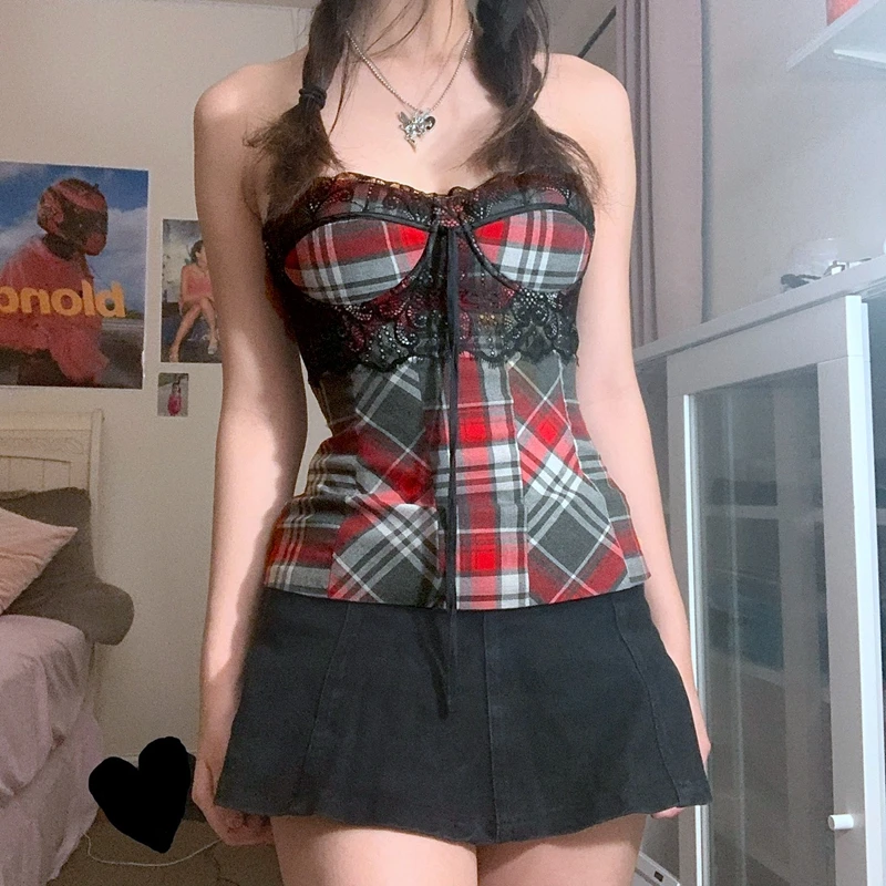 

Женский кружевной топ без рукавов, летний пуловер с принтом в клетку и вырезом лодочкой со стрейсером, женская футболка, уличная одежда Y2k