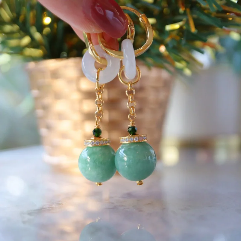 

Burma Jade Bead in Chain 18K Gold Tone Sterling Silver Hoop Long Drop Earrings L1S2E41034