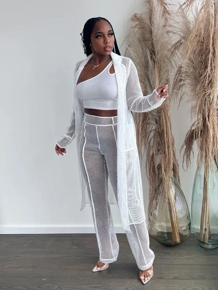 

Комплект из 3 предметов для женщин, накидка, Длинные Топы, халаты и штаны, костюм с бретельками, 2022, Модные Новые однотонные открытые прозрачн...