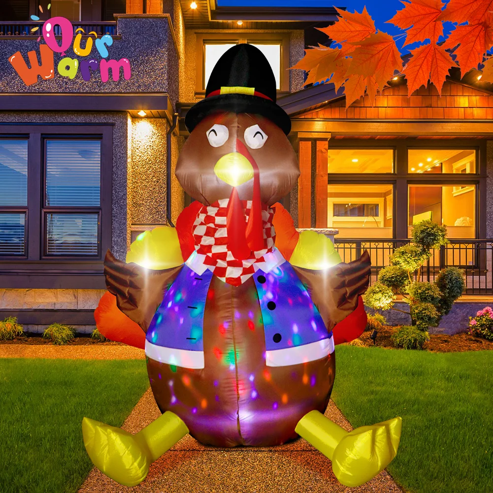 6ft Thanksgiving Inflatables Turkey Decoration with Colorful Rotating LED Lights for Fall Outdoor Holiday Yard Lawn Garden Decor