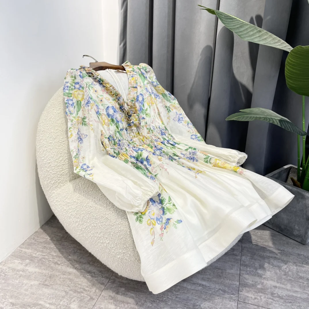 

2022 Summer Top Quality Linen Silk Green Blue Yellow Floral Print Gradient Edible Tree Fungus Neckline Elegant Mini Dress Lady