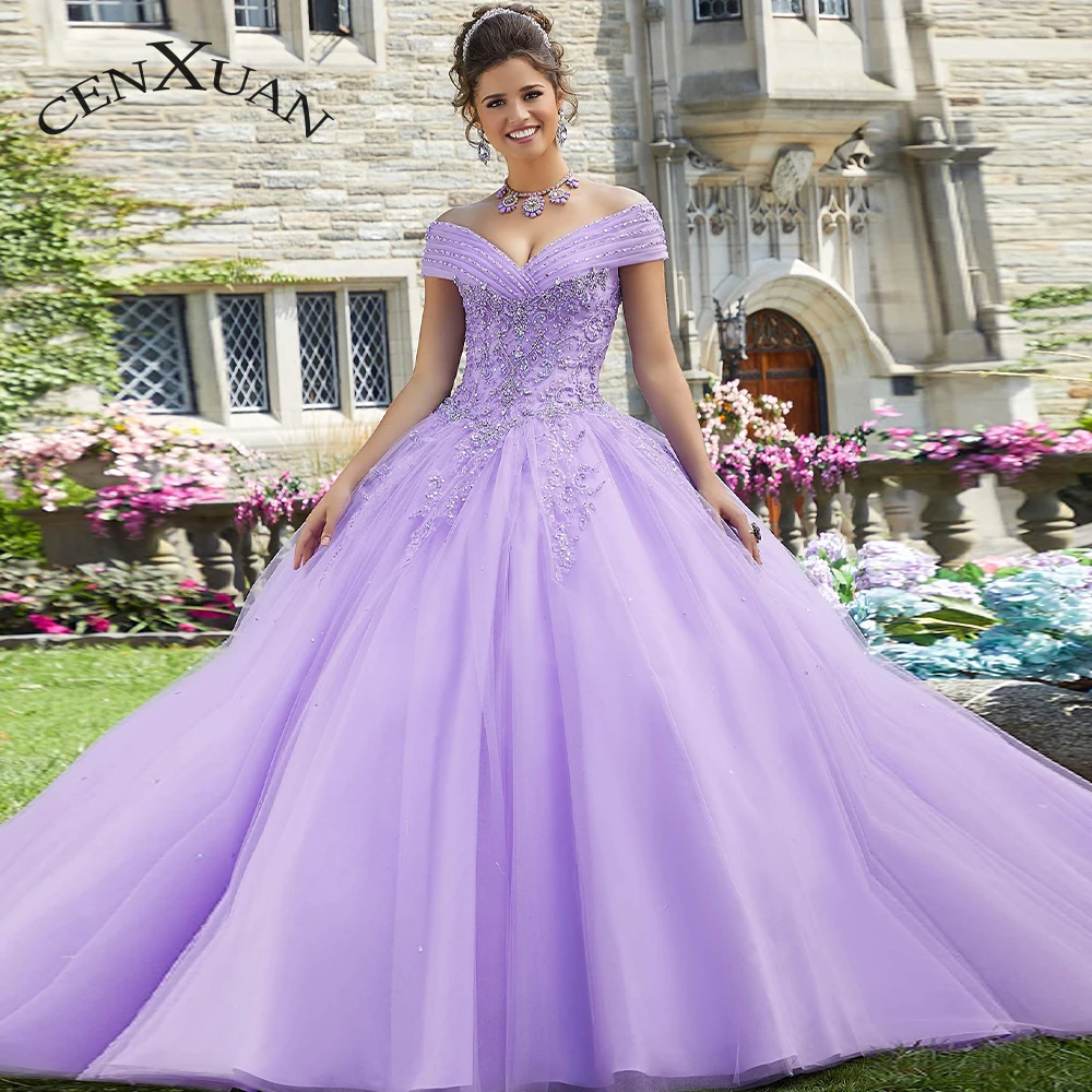 

Cenxuan Off The Shoulder Glitter Crystal Pearls Sequined Tulle Lace Up Queacenera Ball Gown Made To Order Vestido De Fiesta