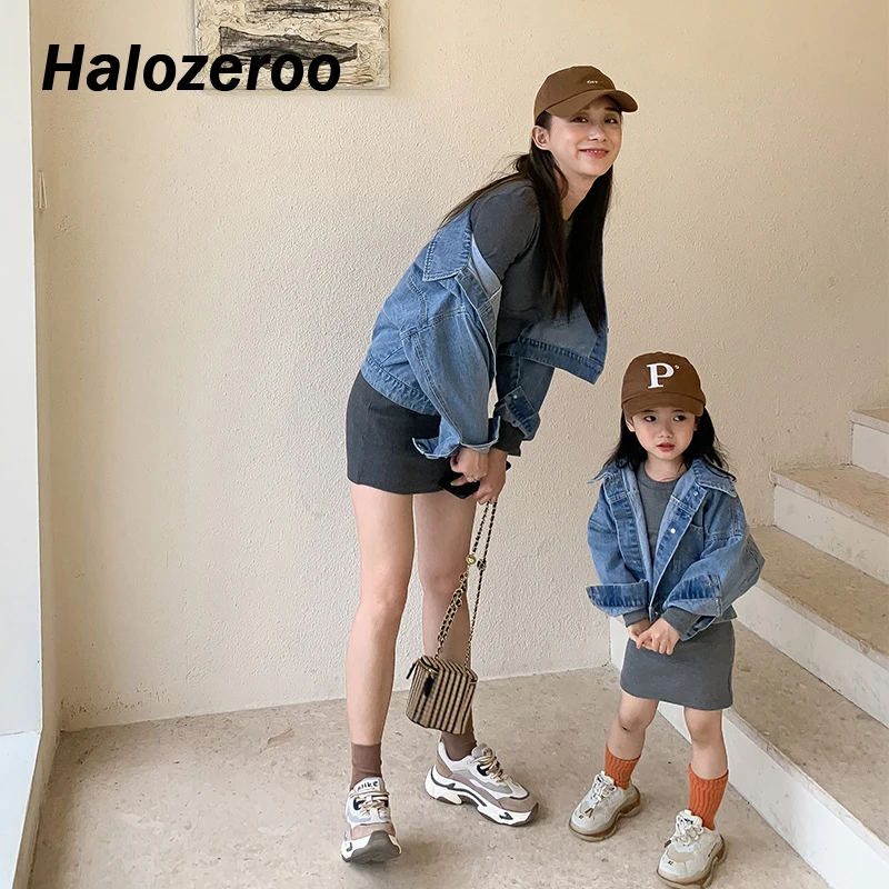 

New Summer Family Matching Clothes Baby Girls Denim Coat Mother Daughter Clother Sheath Skirts Fashion Clothing Suit Soft Dress