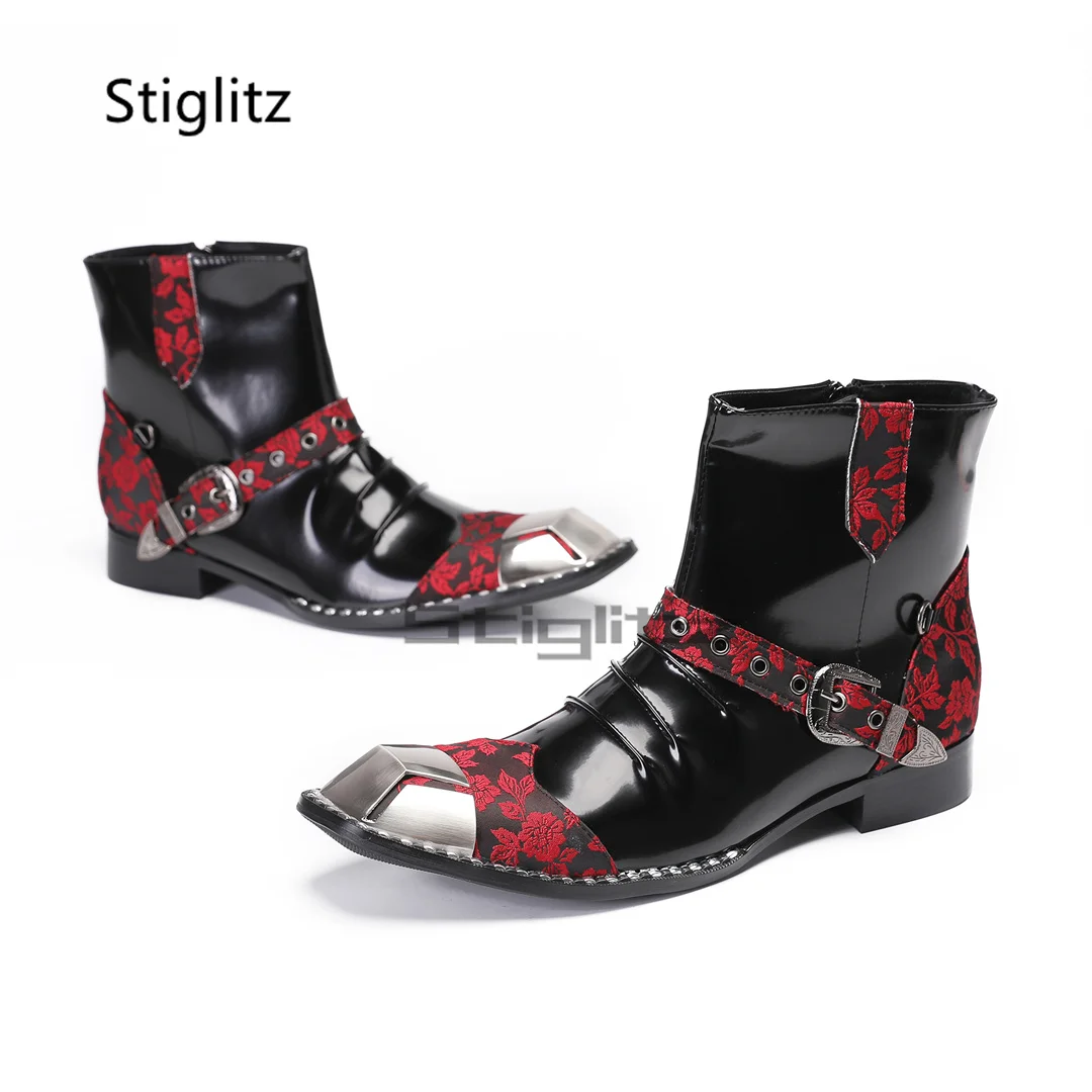 Мужские ботинки с металлическим квадратным носком лоскутные ботильоны принтом