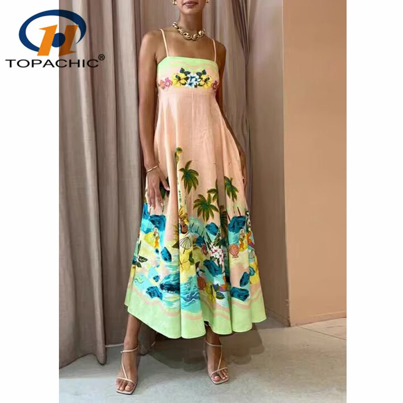 

4.11 High Quality 2023 Summer New Temperament Beach Holiday Style Linen Print Spaghetti Strap Slim Midi Dress Women