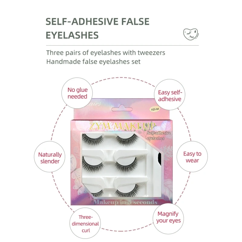 

3Pairs Reusable Self-Adhesive Eyelashes No Eyeliner or Glue Needed,Natural Look and Waterproof Non-slip False Lashes