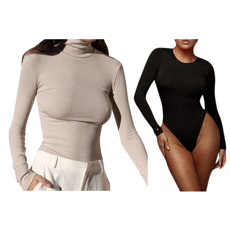 

2Pcs Casual Solid Skinny Turtleneck Long Sleeve Bodysuit Warm Basic Body High Neck Sheer Bodysuits L Apricot & Black M