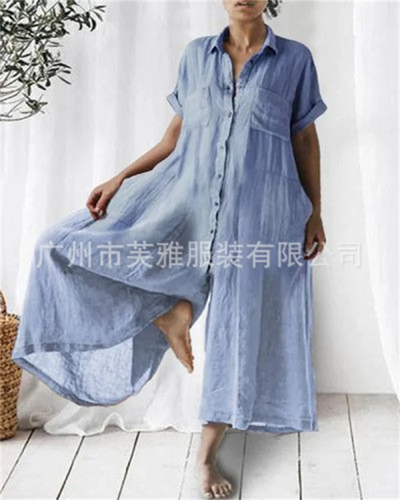 2023 Women long Sleeve Casual Solid Color V Neck Pocket Button Y2K shirts and blouses One-piece Jumpsuit trousers Baggy pants