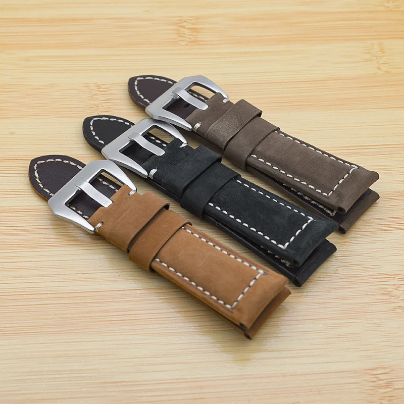 24mm Leather Strap Watch Band Retro Crazy Horse Bracelet Fits Automatic Mechanical Watch Case Smart Watch Accessories