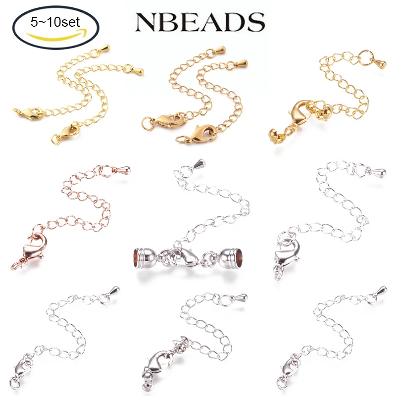 

5-10Set Long-Lasting Plated Brass Chain Extender with Lobster Claw Clasps and Bead Tips Real 24K Gold Plated