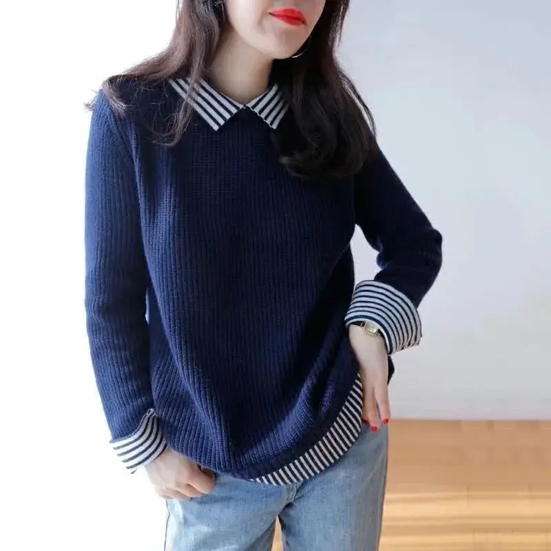 

Sweater Women's Polo Collar Pullover Women's Winter Pullover Striped Knitted Sweater Autumn Fashion Warm Coats Ladies F02