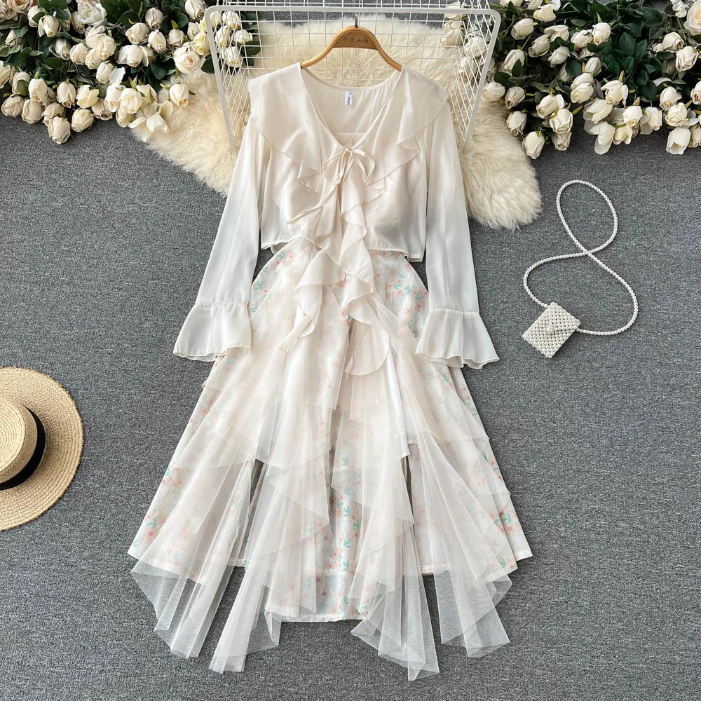 

Французское нежное Сетчатое платье с бисером высокого класса платье на подтяжках с цветами тонкая рубашка с супер сказочным костюмом из двух предметов