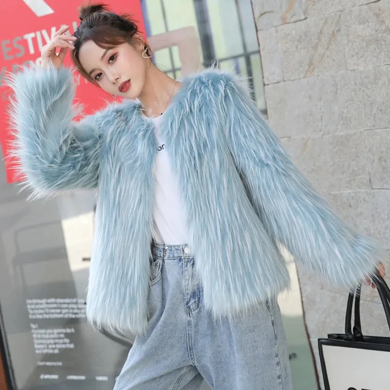 Fur For women Furry Short Winter Faux Fur Coat Women Long Sleeve O-Neck Warm Soft Fluffy Fashion manteau femme hiver
