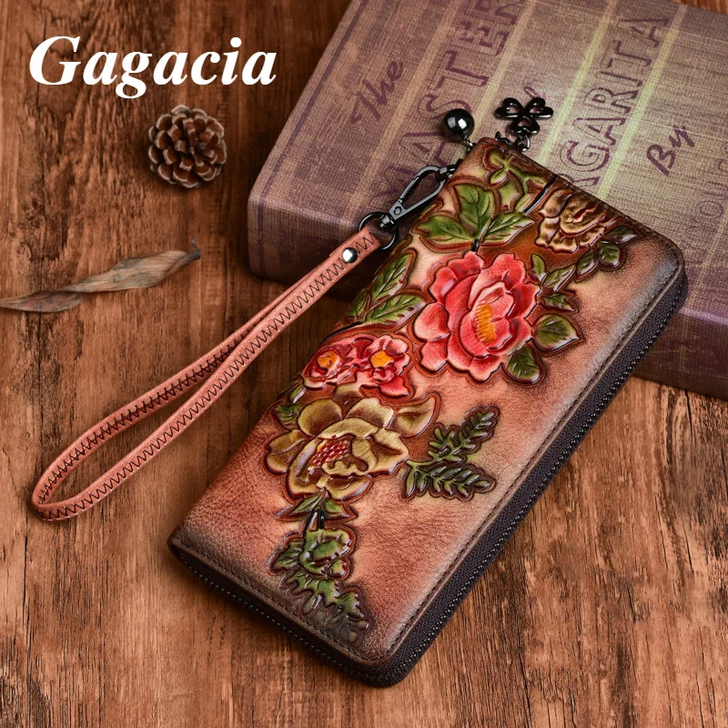 GAGACIA Retro Women Wallet Genuine Leather Floral Embossed Chinese Style Purses For Ladies Cards Coin Holder Phone Bag 2022 New