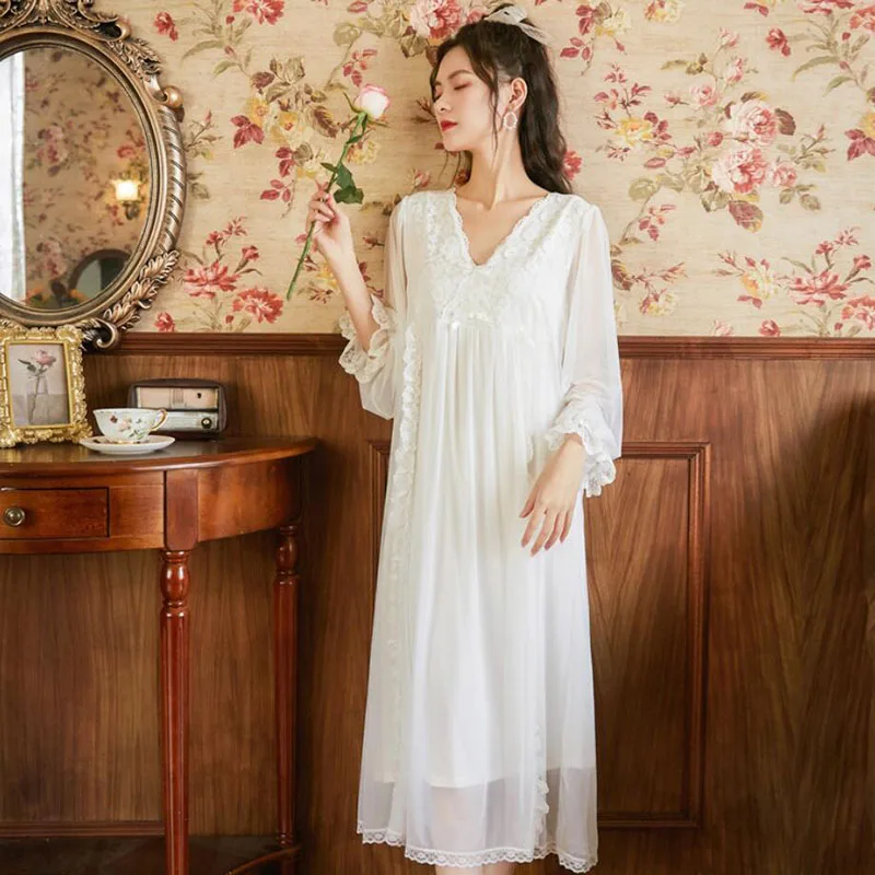 Tulin Fashion  Spring White Dress V Neck Women Lace Nightdress Sweet Princess Palace  Lounge Wear For Woman Outdoor Phoentin