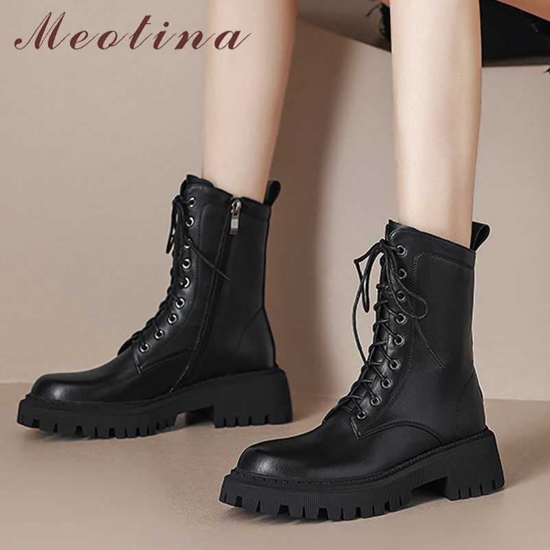 

Meotina Women Genuine Leather Ankle Motorcycle Boots Round Toe Block Mid Heel Lace-up Zipper Lady Short Boot Autumn Winter Shoes