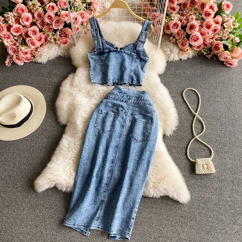 Женские винтажные джинсовые комплекты летний короткий топ на бретелях и