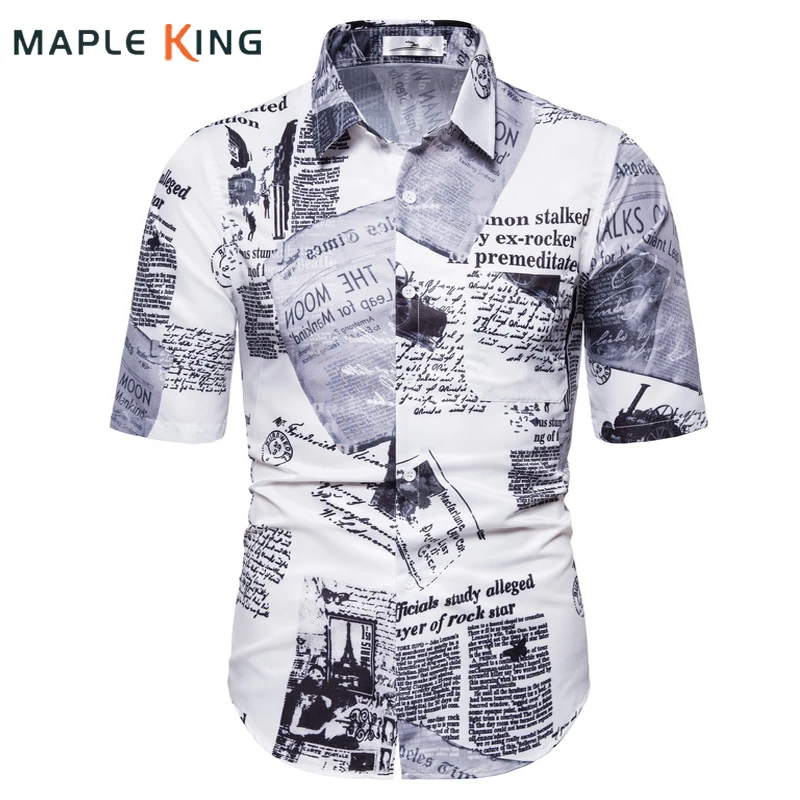 Vintage Shirt For Men Casual Postmark Newspaper Print Short Sleeve ...