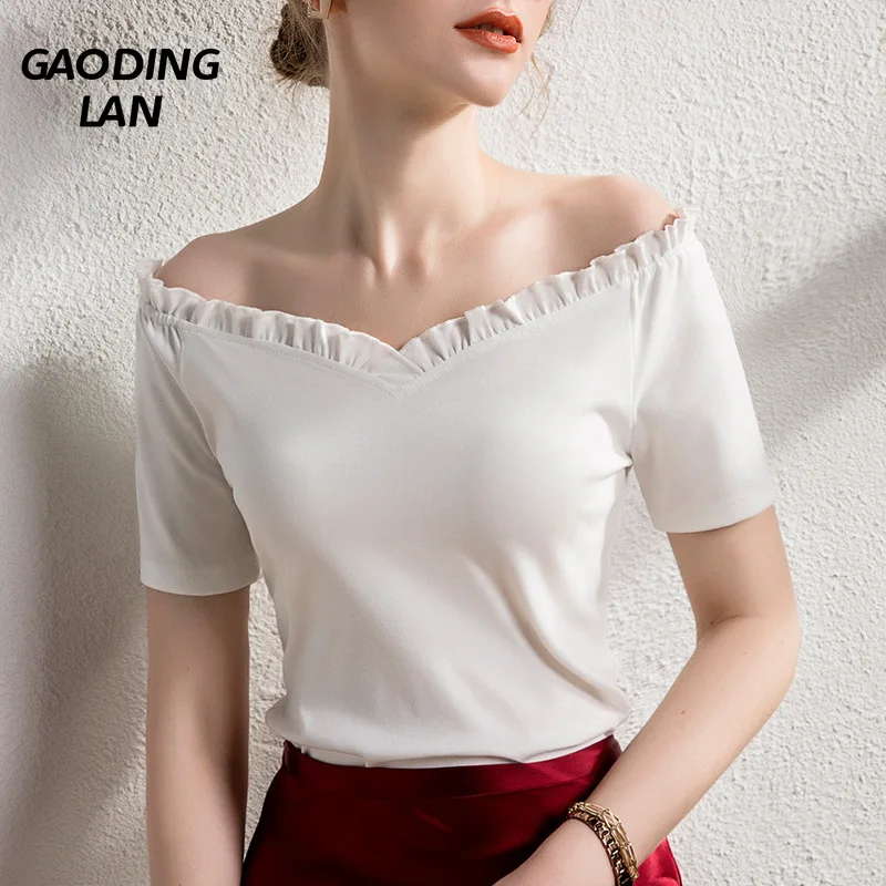 

Летняя женская футболка с воротником-лодочкой и коротким рукавом, однотонные Сексуальные облегающие Топы Grace, Женская хлопковая Футболка б...