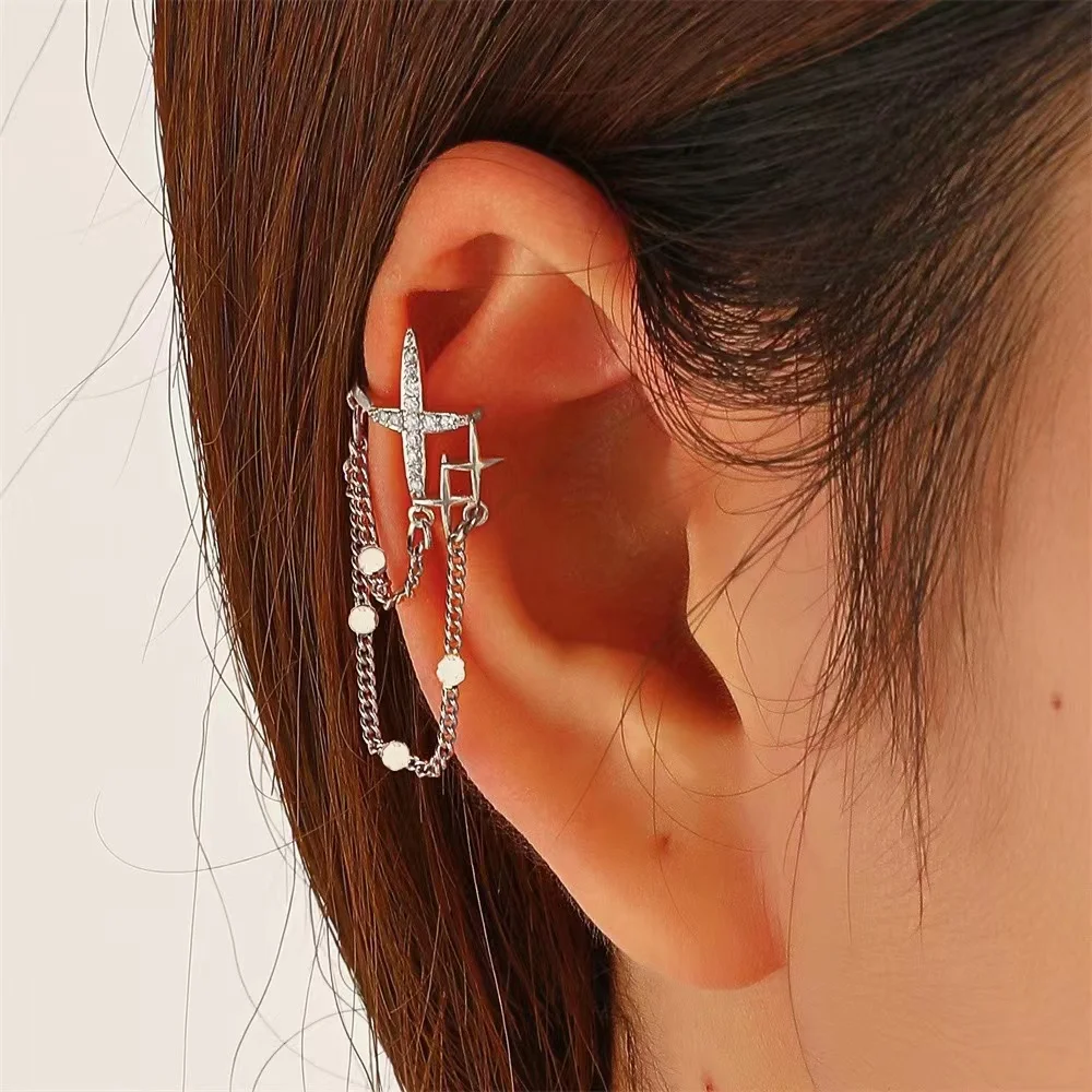 

Fashion Punk Earrings Women's Men's Tassels Four Star Multilayer Chain Earrings False Perforated Earbone Earrings Jewelry