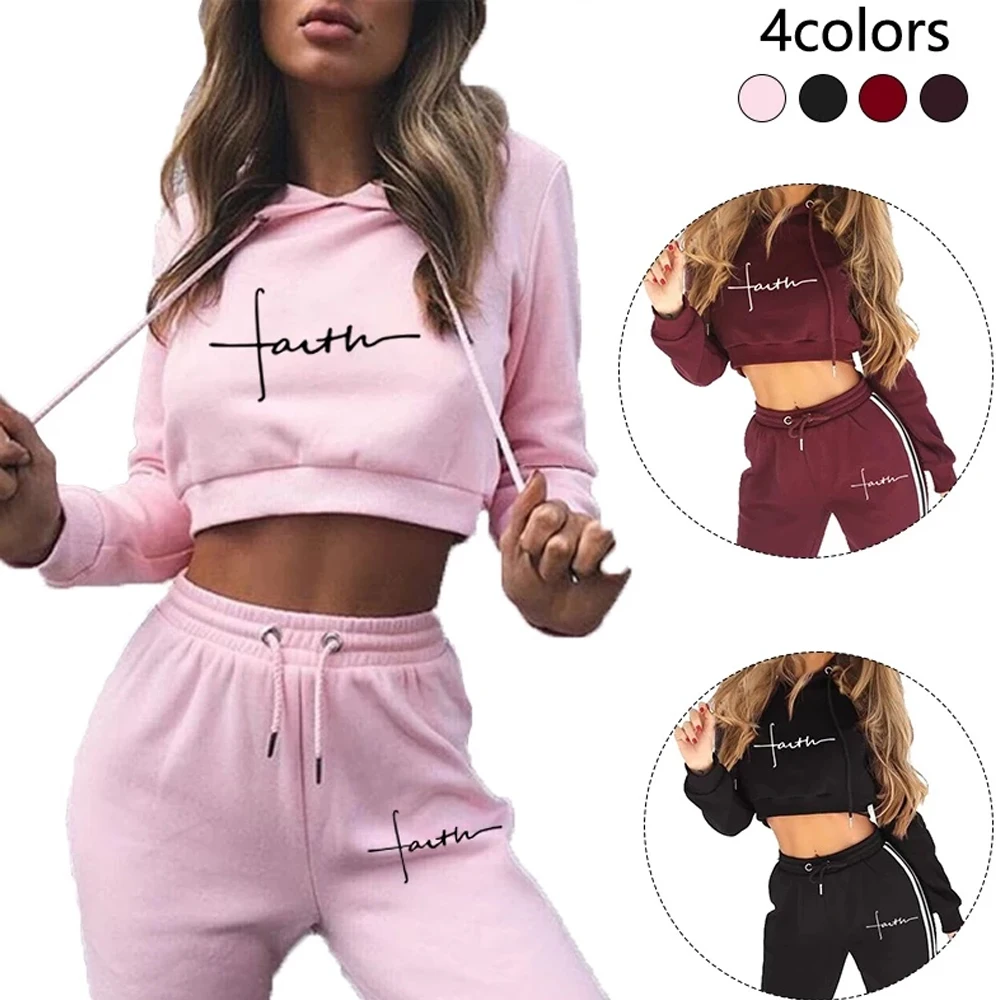 

Trend Women's Fashion Tracksuit Spring and Autumn Woman Sport Suit Cropped Home Suit Casual Hooded Short Tops+ Loose Long Pants