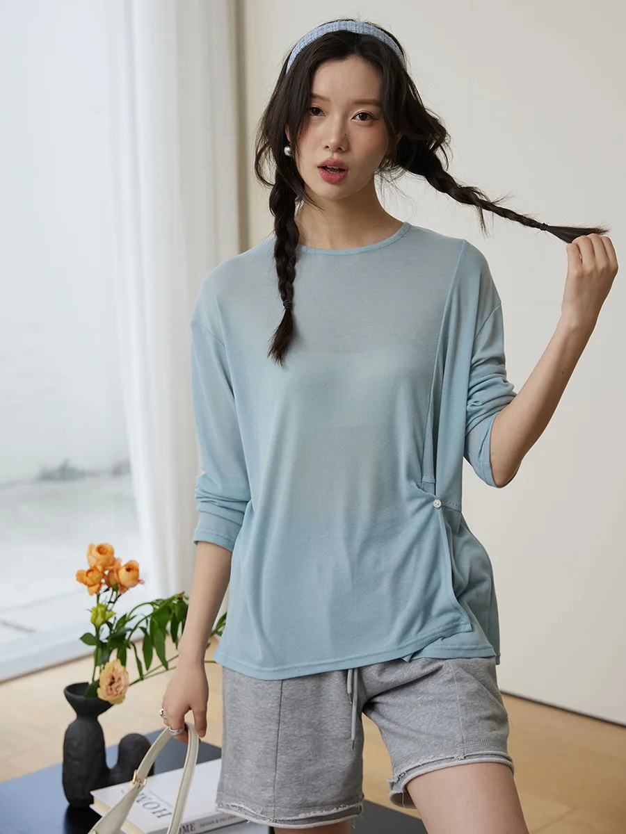 

Spring New Women Long Sleeve Thin T-shirts Round Neck Candy Color Button Transparent Tops