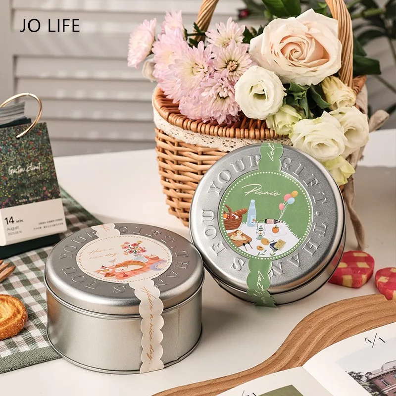 

JO LIFE 1PC Tinplate Cookie Container Handmade Iron Biscuit Round Storage Package Box Silver Bakeware Gift Wrapping Boxes