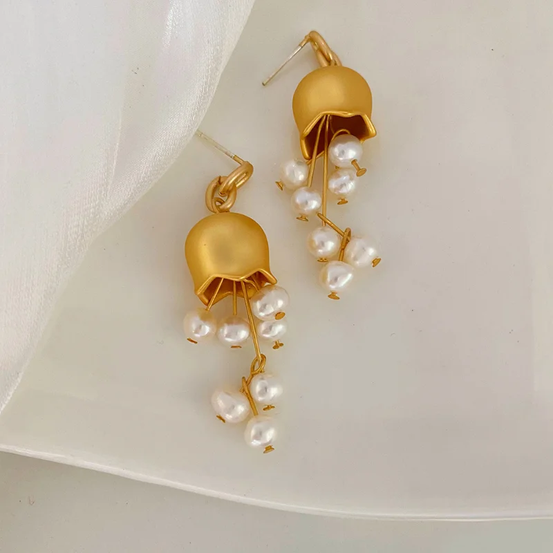 

Minar Trendy Freshwater Pearl Lily of The Valley Drop Dangle Earrings for Women Matte Gold Silver Plated Brass Flower Earring