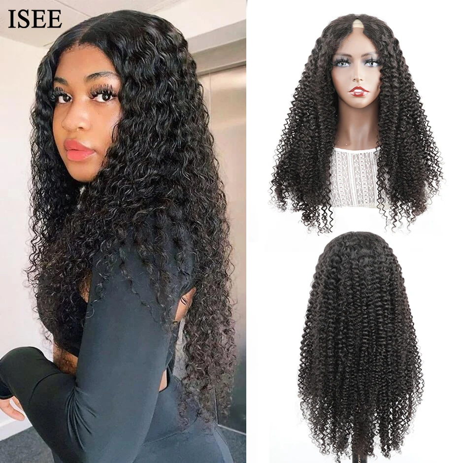 Enlarge ISEE HAIR V Part Curly Wig 180% Kinky Curly Human Hair Wigs No Leave Out No Glue Thin Part Wig Middle Part V Part Human Hair Wig