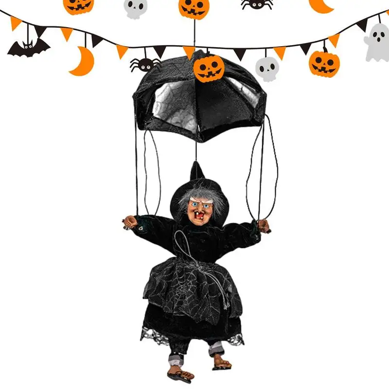 

Halloween Witch Decorations Scream Parachute Decor with Light-Up Eyes Scary Kicking Leg Door Pendant Portable Black Cape Witch