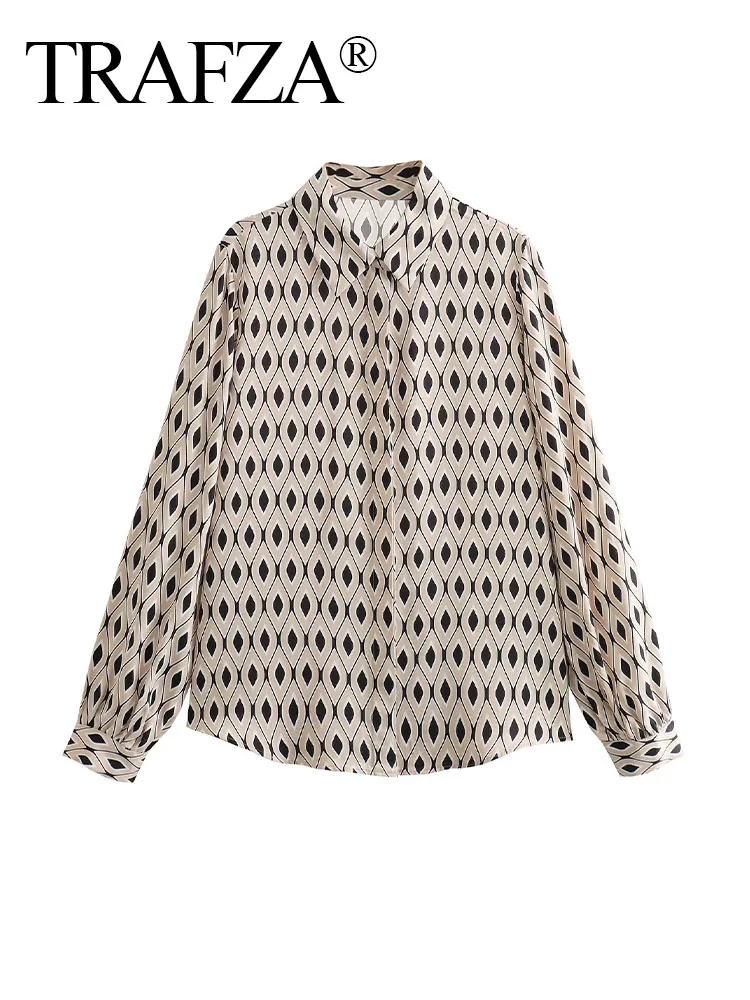 

TRAFZA Female New Fashion Khaki Geometric printed Satin texture Blouses Woman Vintage Long Sleeve Single-Breasted Shirt Y2K