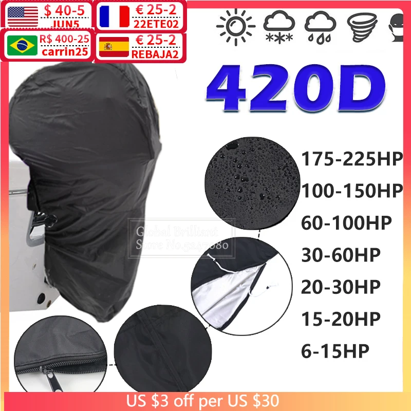 420D 6-225HP Yacht Half Outboard Motor Engine Boat Cover Anti UV Dustproof Cover Marine Engine Protection Waterproof Black