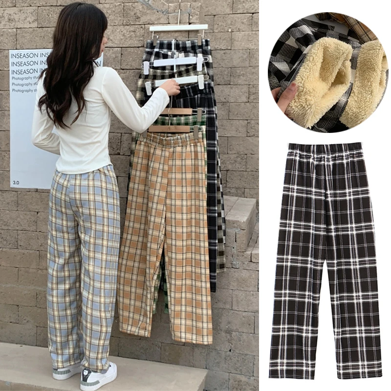 

Womens Thick Trousers Winter Warm Sweatpants Plush Thermal Fleece Leggings Pants Checked Patter Hip Hop Streetwear Wide Pant
